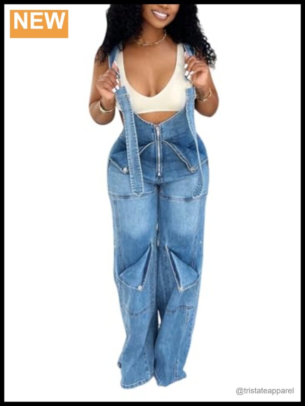 Women's Denim Bib Overalls Adjustable High Waist Straight Leg Zip Cargo Pockets